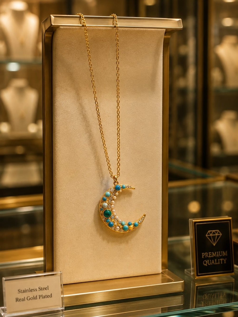 Gold Crescent Moon Pendant Necklace with Turquoise and Green Stones - Picture 8 of 8